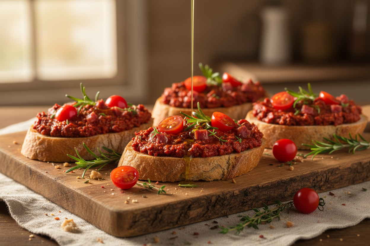 Tartines à la Soubressade halal — mise en scène appétissante