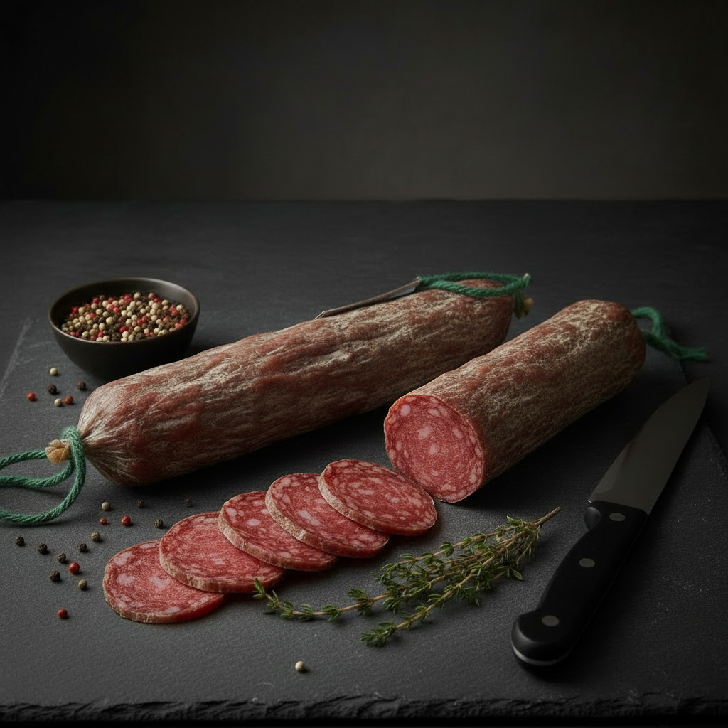 Saucisson sec de boeuf fumé tranché sur ardoise sombre, ambiance premium