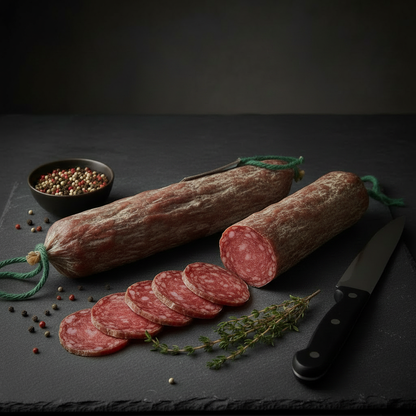 Saucisson sec de boeuf fumé tranché sur ardoise sombre, ambiance premium