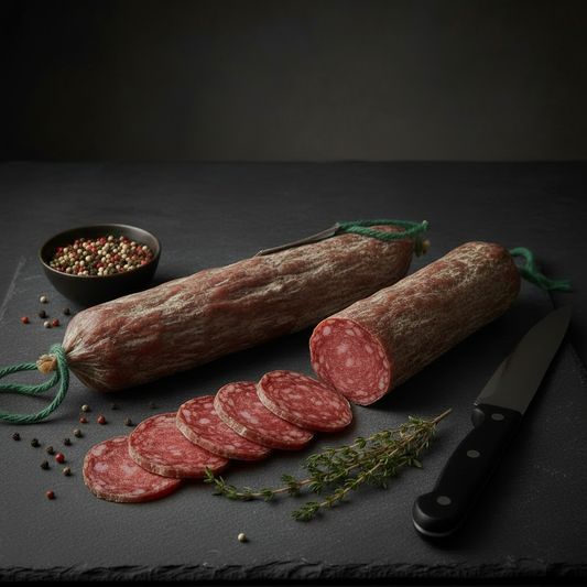 Saucisson sec de boeuf fumé tranché sur ardoise sombre, ambiance premium